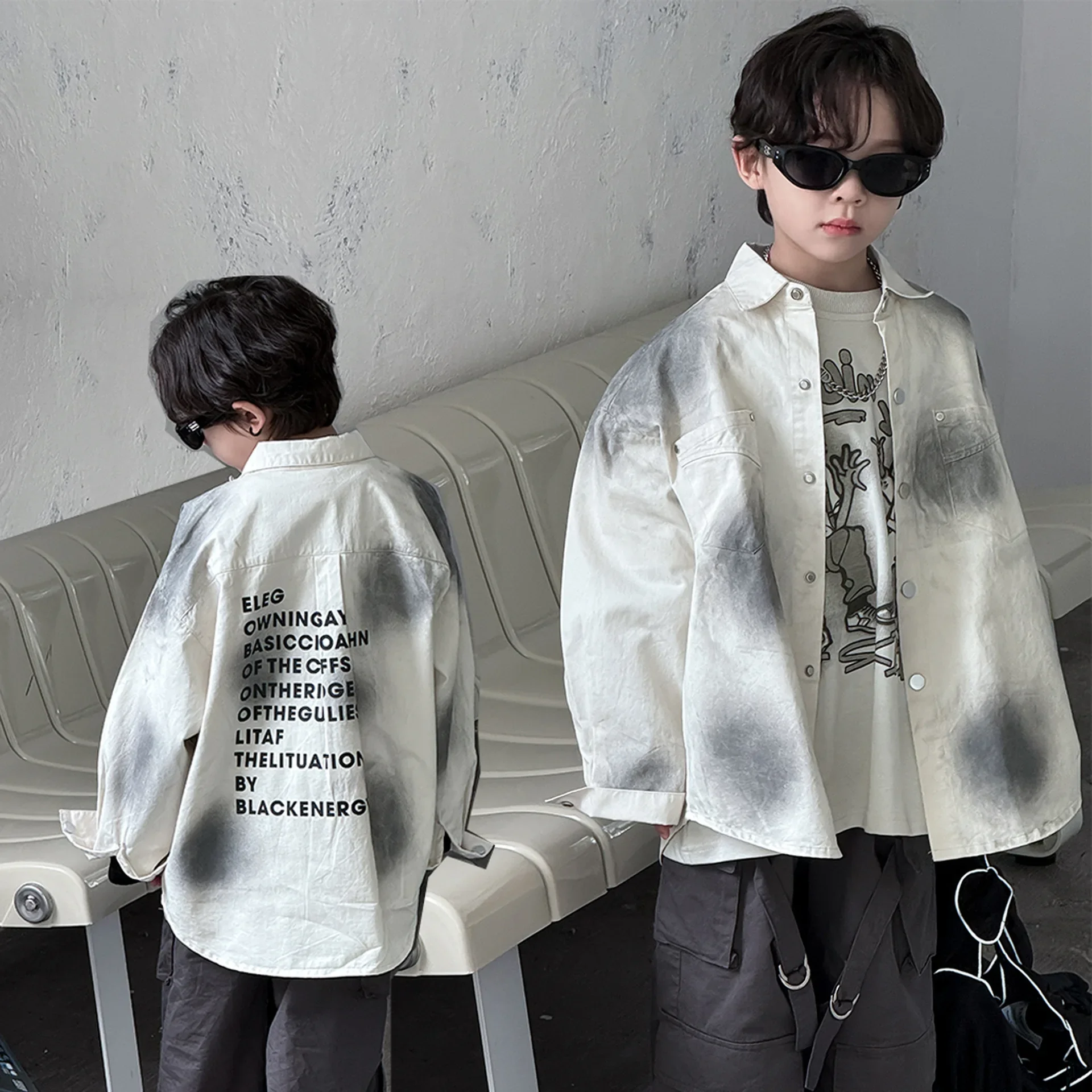 

Children Clothes Boys Handsome Shirt Coat 2024 Autumn New Letter Print Long Sleeve Simple Casual Boys Fashionable Shirt Coat