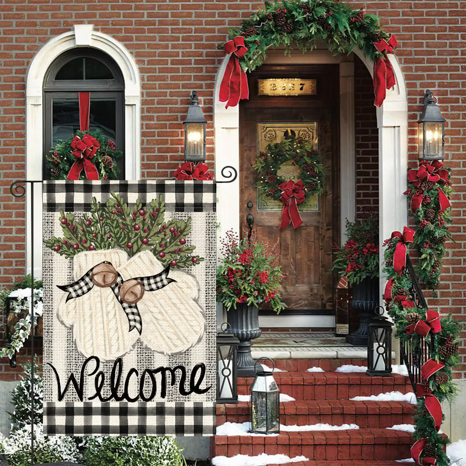 AVOIN colorlife Gloves Holly Welcome Winter Garden Flag 12x18 Inch Double Sided, Buffalo Plaid Rustic Seasonal Yard Outdoor Deco