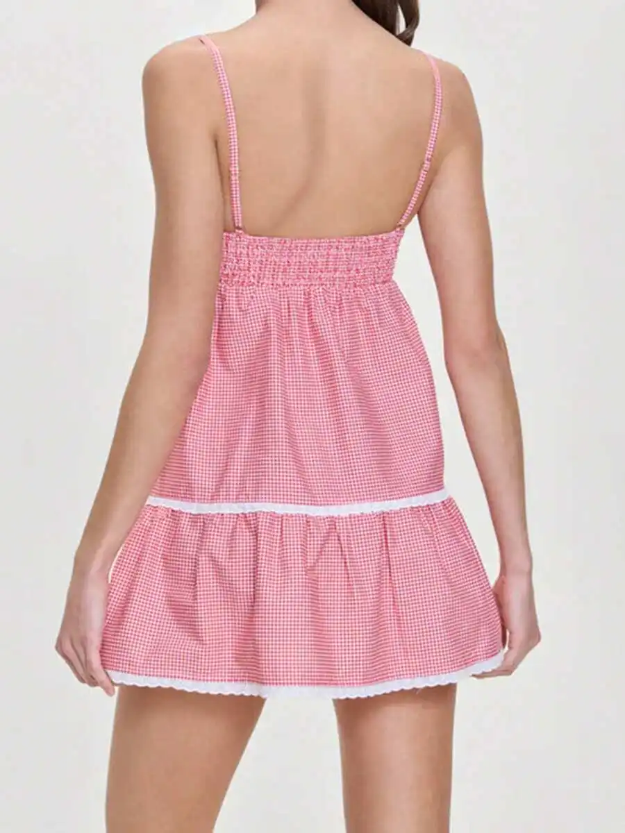 

Womens Summer Mini Sleeveless Open Back Plaid Cami Dress With Lace Trim
