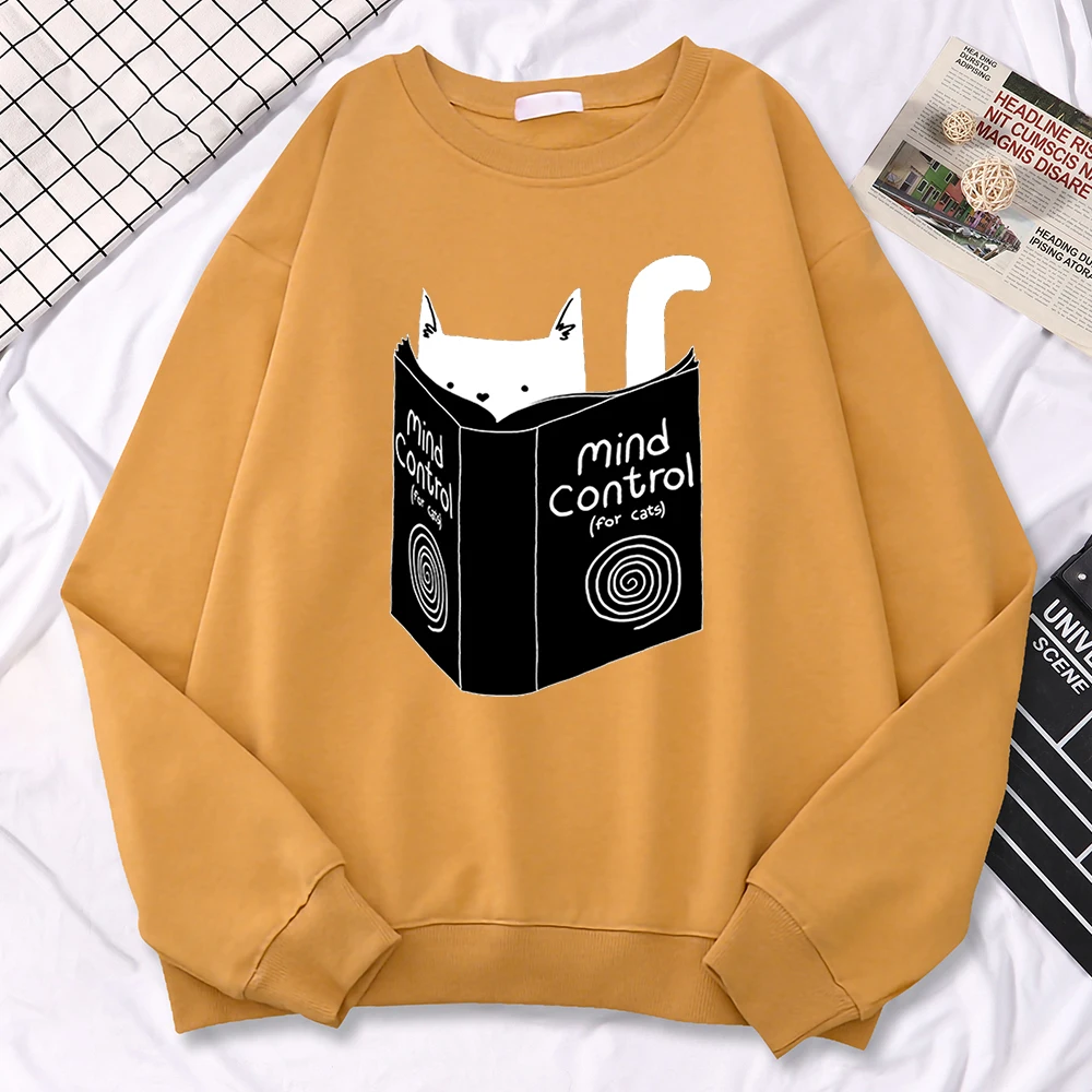 Autumn Winter Women Pullover Cats Mind Control Book Printing Hoodie Loose Comfortable Sweatshirt Fleece All-Math Female Clothes