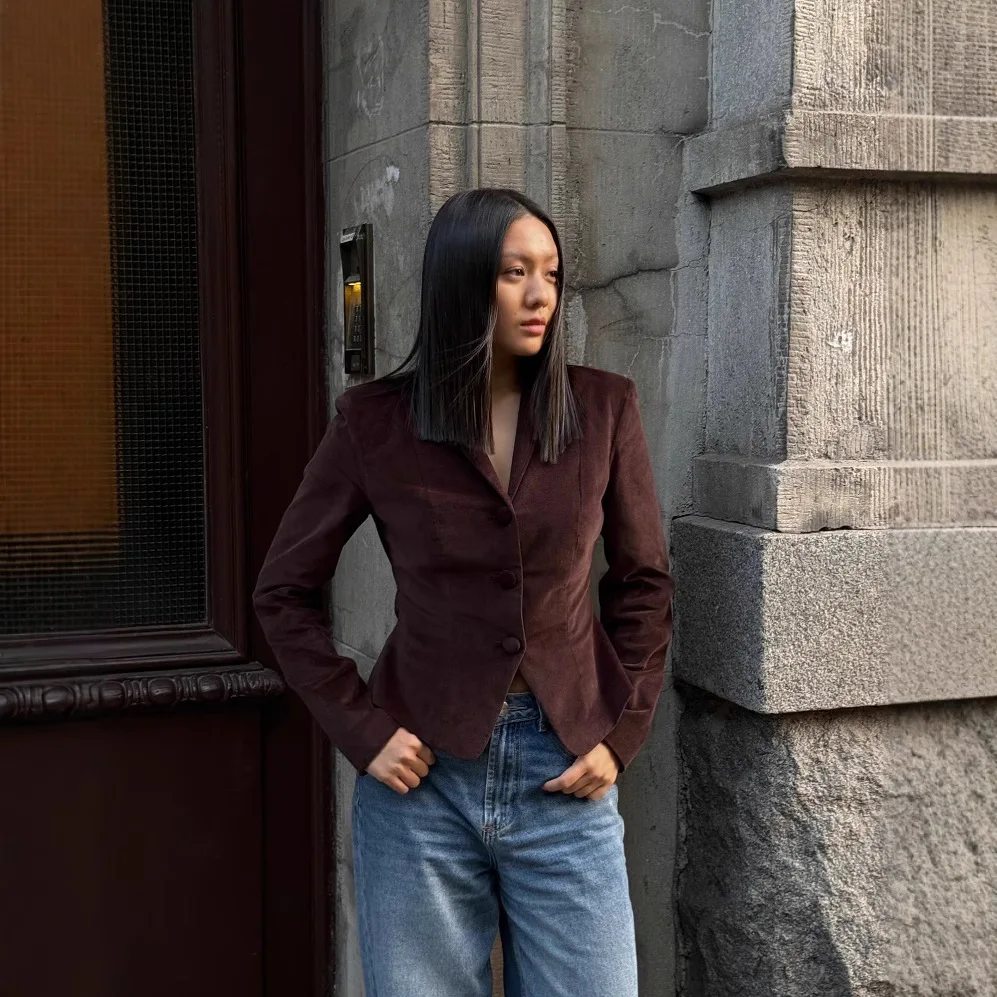 2025 New Autumn Women Slim Jacket Vintage Turn-down Collar Full Sleeve Pockets Female Coat Solid Sing-breasted Office Outwear