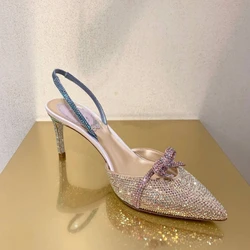Summer new rhinestone pointed toe toe hollow elastic belt single shoes thin high-heeled banquet dress small size women's sandals
