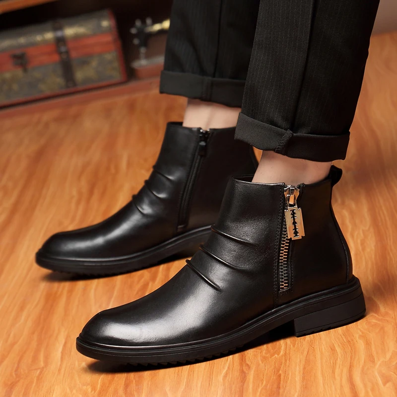 

Business Men's Genuine Leather Chelsea Boots Ankle Boots Double Side Zipper Non-slip Shoes Men Versatile Boots Zapatos De Hombre