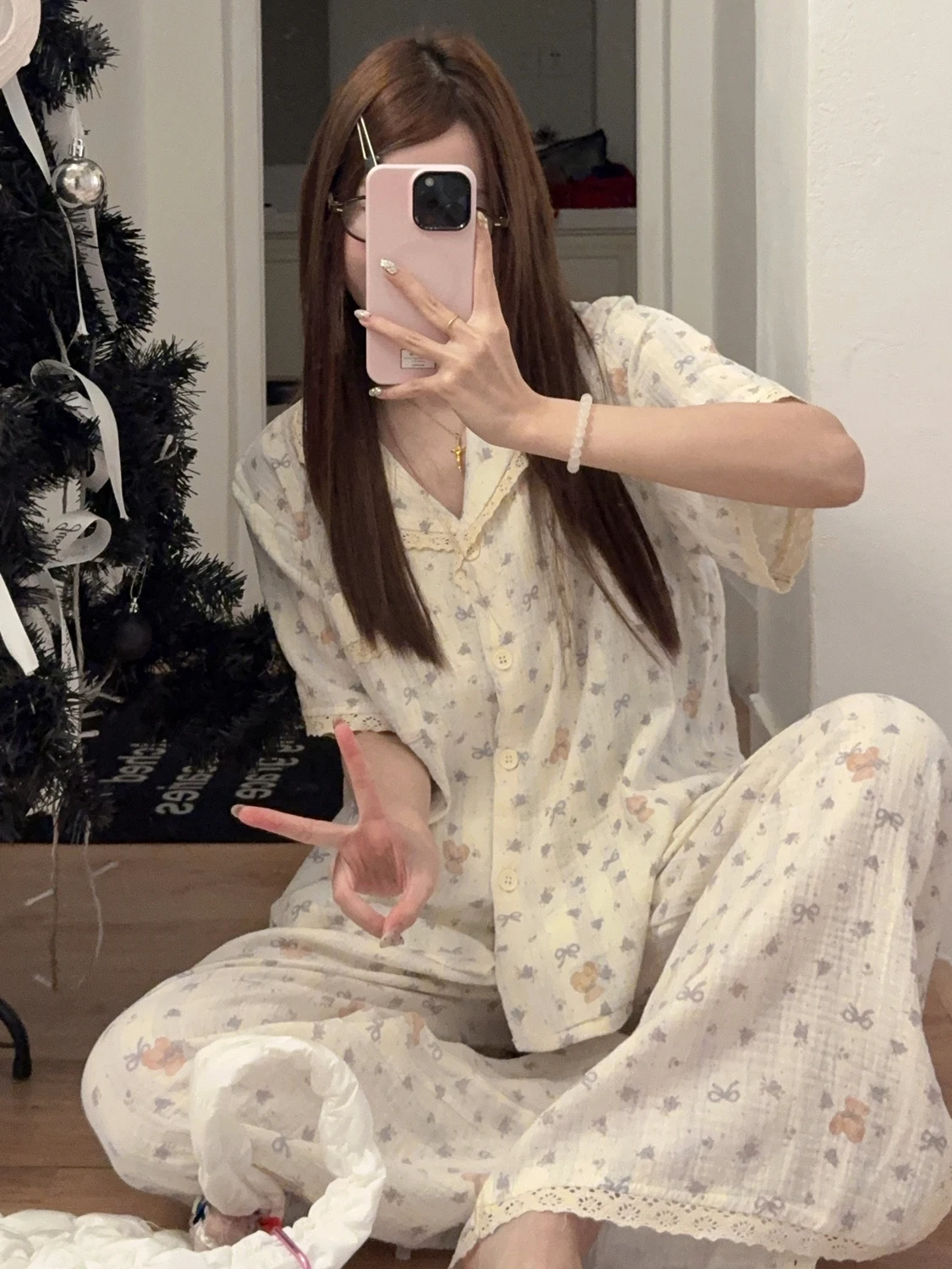 

Корейские хлопковые пижамы для женщин: весенне-летний комплект с милым мишкой, кружевом, коротким рукавом и длинными брюками из чистого хлопка для комфортного домашнего отдыха