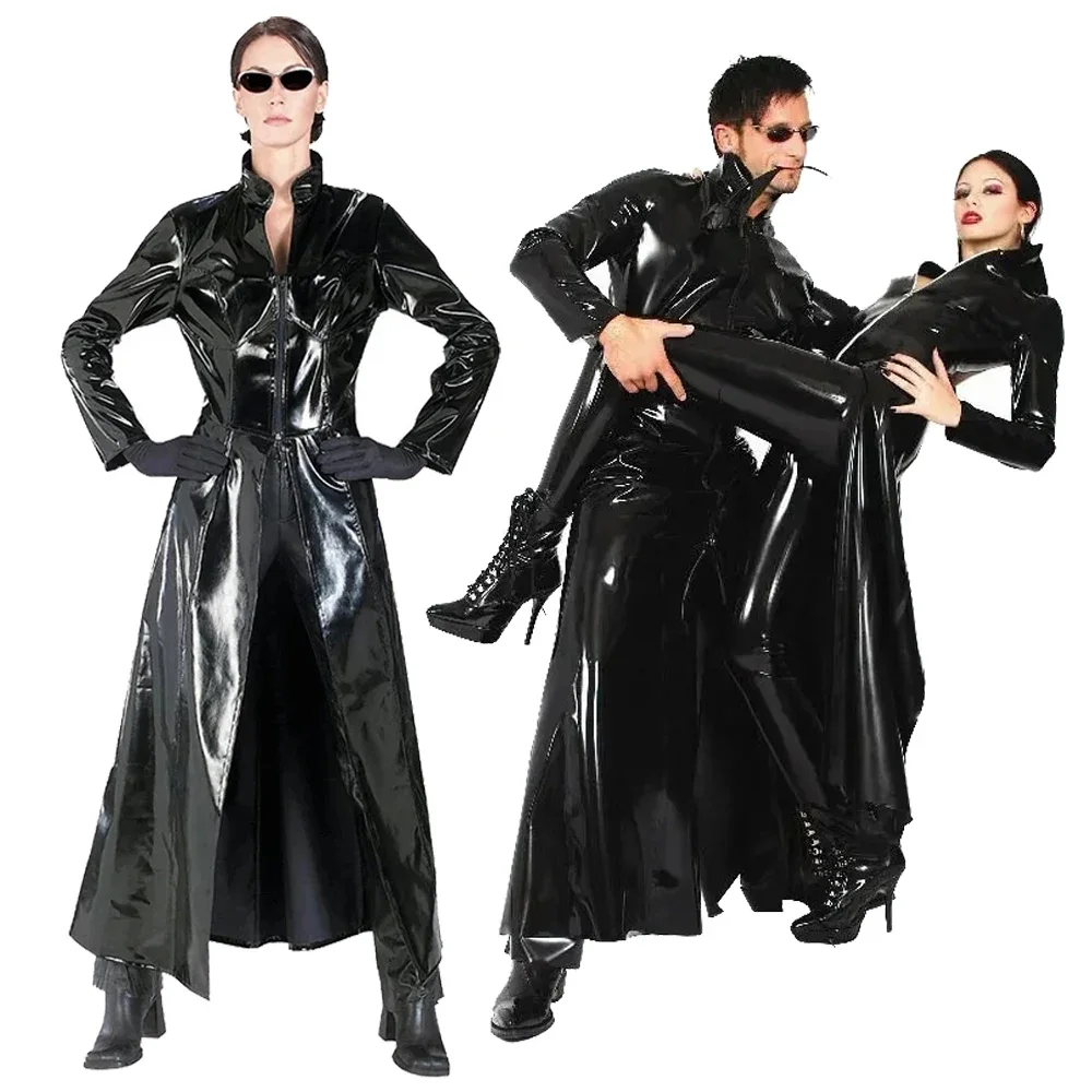 Halloween Party Cosplay die Matrix Kostüme Gothic Unisex sexy glänzend PVC Catsuit Latex Kunstleder Lang mantel Trench Clubwear