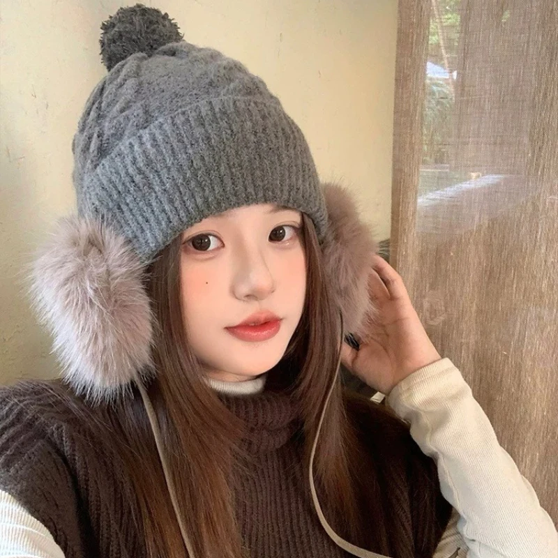 Winter Thermal Knit Trapper Hat Cozy Ear Flap Beanie Wind‑Resistant Warm Headwear Trendy Solid Color Hat for Outdoor Activities