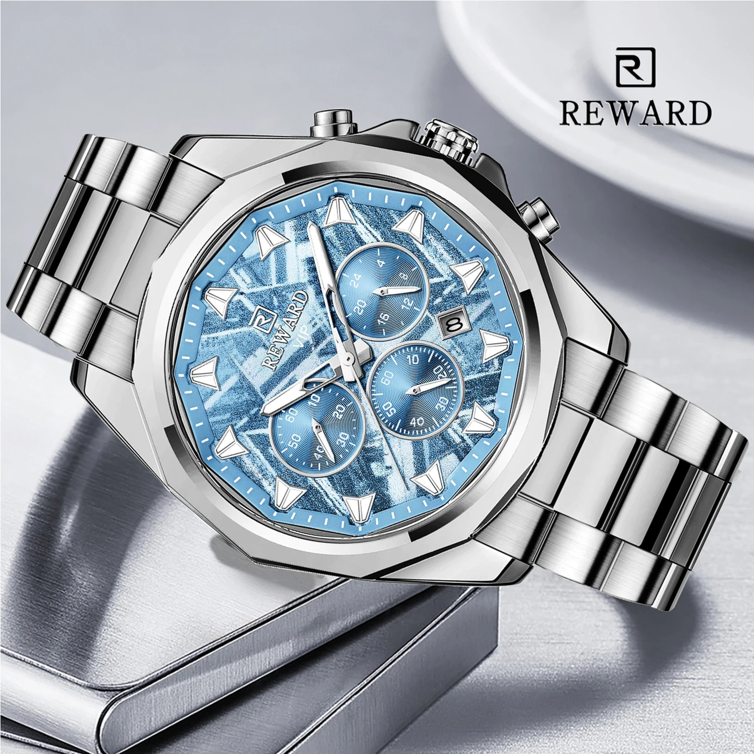 

REWARD Ice Blue Quartz Watches for Men Waterproof Luminous Chronograph Watch Stainless Steel reloj hombre