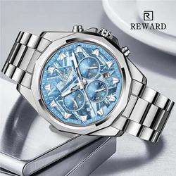REWARD Ice Blue Quartz Watches for Men Waterproof Luminous Chronograph Watch Stainless Steel reloj hombre