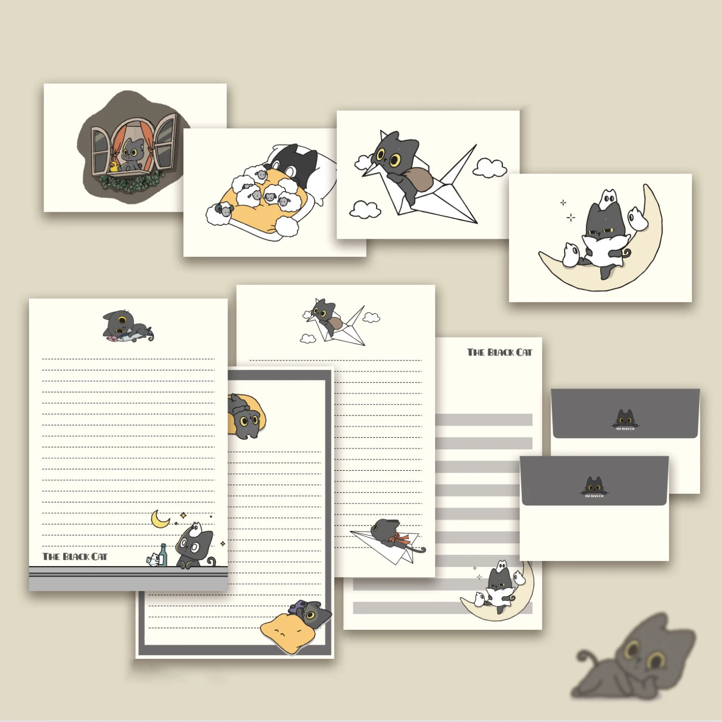 

Набор бумаги-конвертов с милым маленьким черным котом, 4 листа бумаги и 4 конверта, подходит для приглашений и букв.