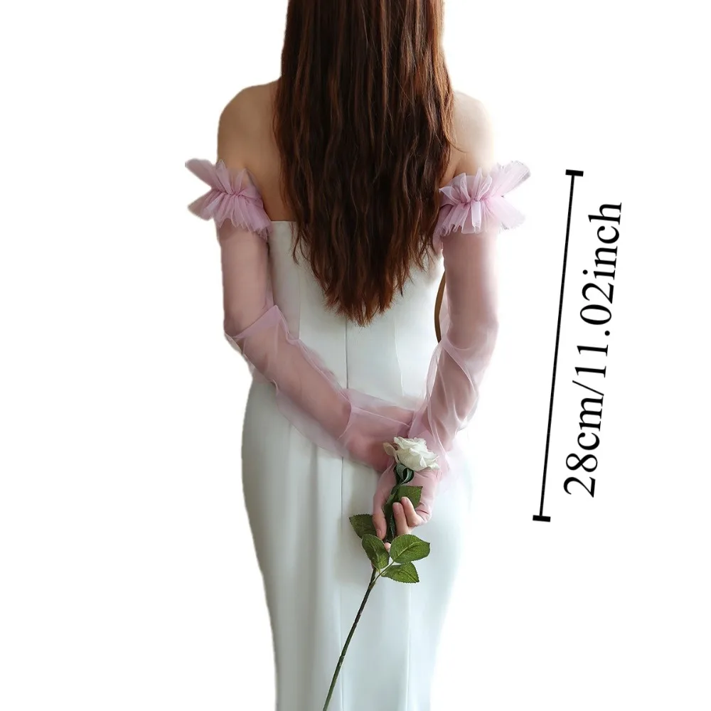 Soft Korean Style Bridal Arm Sleeves Solid Color Yarn Wedding Long Sleeves Gauze Elastic Pleated Lace Arm Covers Festival