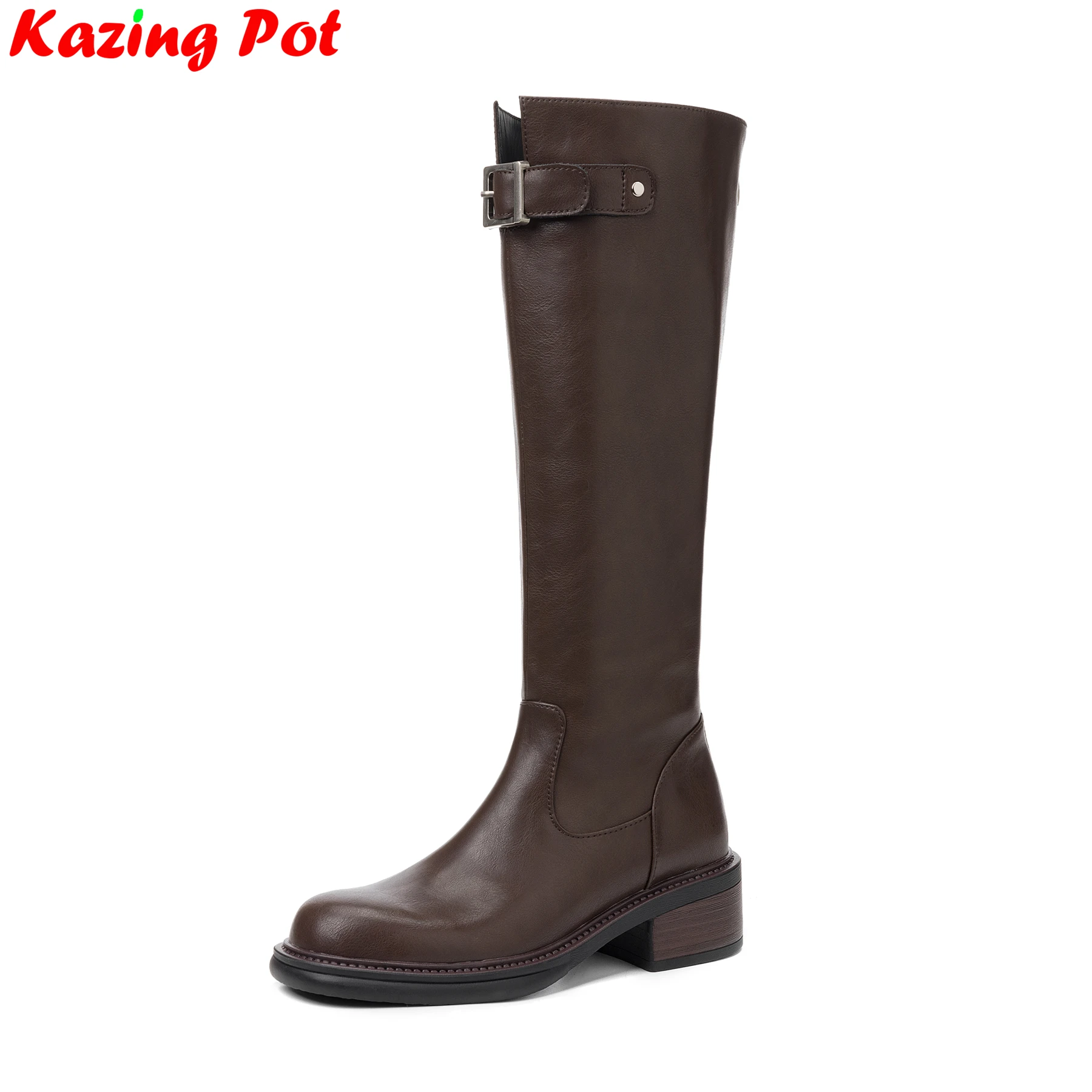 Fashion Cow Leather Round Toe Classics Belt Buckle Riding Boots Dating Warm Winter Shoes Thick Heels Brand Women Knee-high Boots