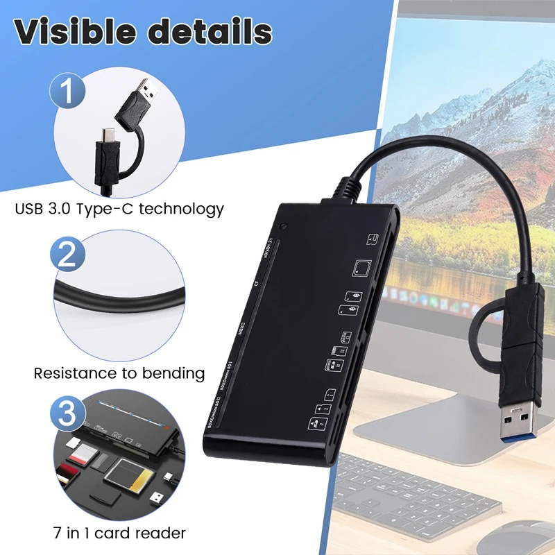 7 In 1 USB 3.0 Type-C Multifunction Card Teader CF/XD/MS/SD/TF Card Reader For Windows Vista/XP/7/8/10/, Linux, Os