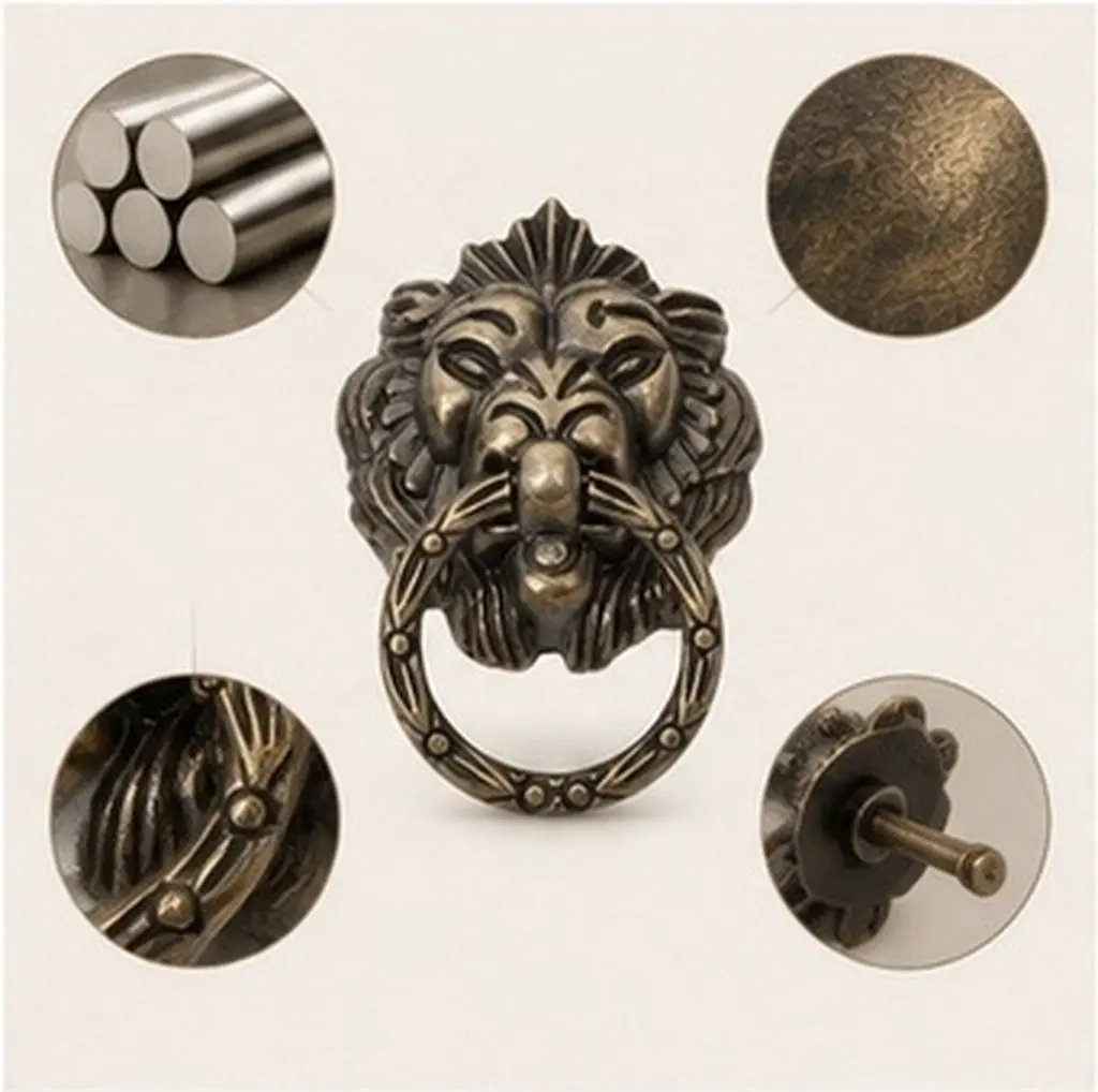 4Pcs Lion Head Design Vintage Cabinet Pull Handle Zinc Alloy Rustproof Smooth Surface Retro Chinese Style Drawer