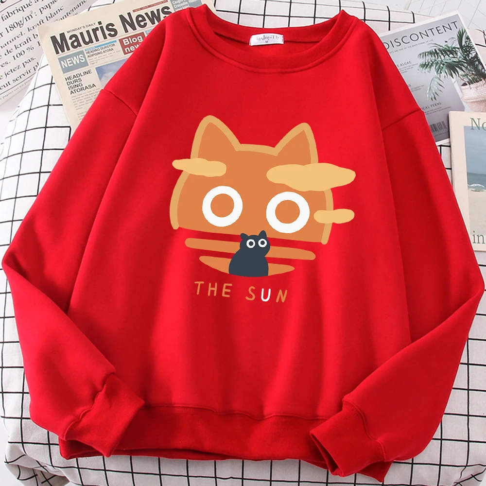 The Sun Orange Cat Fun Cute Print Cartoons Hoody Men Loose Clothing Autumn Winter Fleece Hoodies Loose Comfortable Sweatshirt