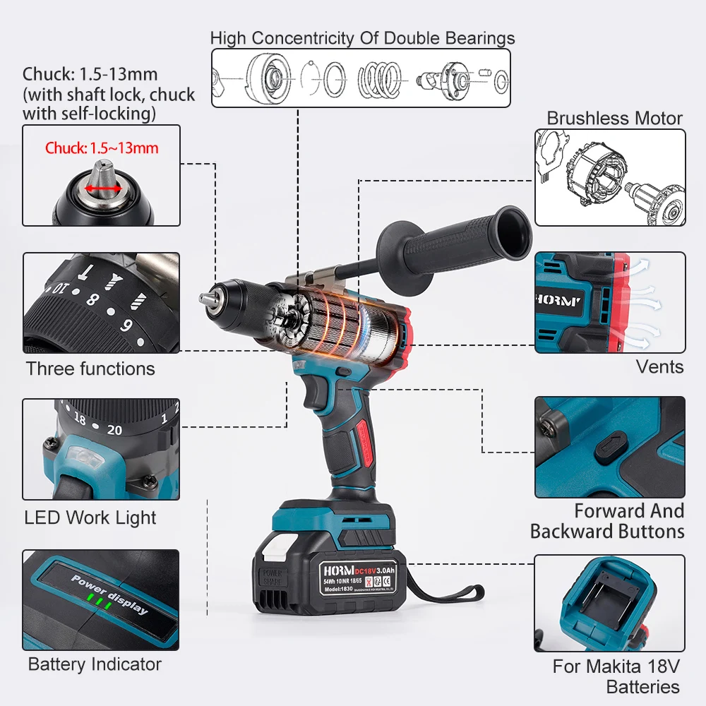 Brushless Electric Hammer Drill Cordless Screwdriver 150N.m 3 in 1 Powerful 2-Speed Impact Drill Tool For Makita 18V Battery