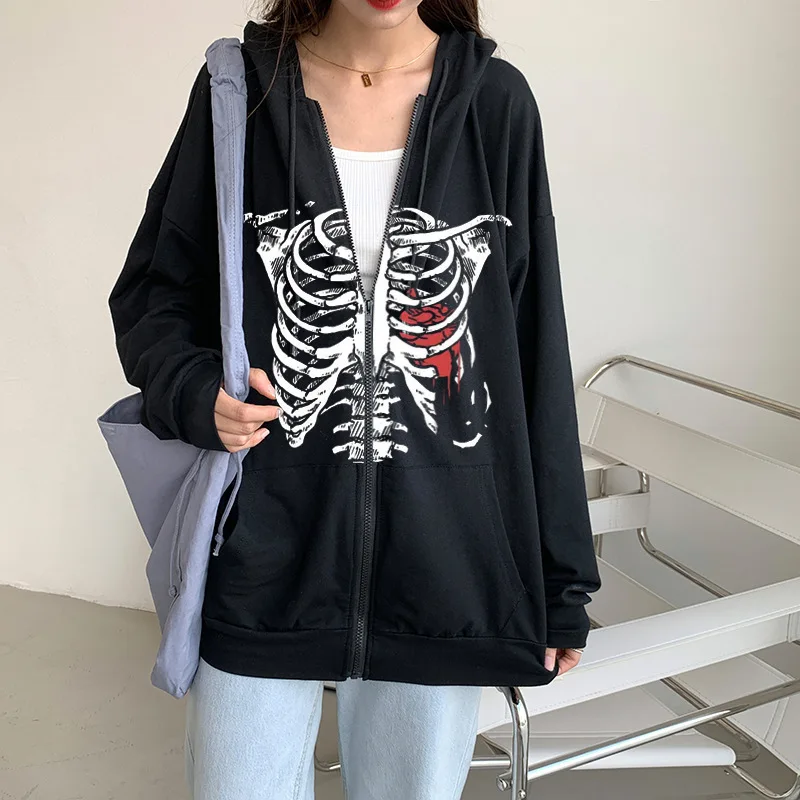 2024 European Style Dull Black Skeleton Polo Shirt Men Women Hooded Sweatshirt Gothic Couple Zipper Sweatshirt