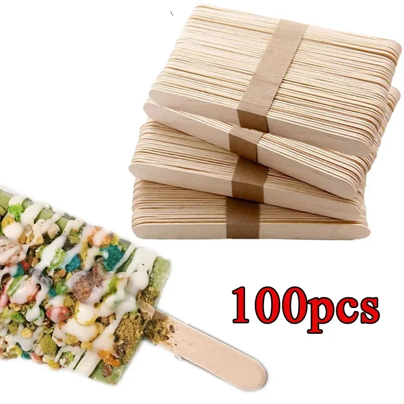 

100pcs Natural Wooden Ice Cream Popsicle Sticks Wood Stick Ice Cream Spoon Hand Art Ice Cream Ice Cube Lollipop Cake Tools Mold