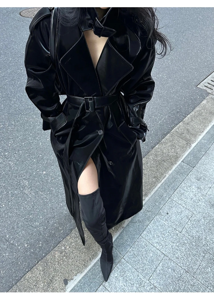 Lautaro Spring Autumn Extra Long Oversized Cool Reflective Shiny Black Patent Leather Trench Coat for Women Belt Runway Fashion