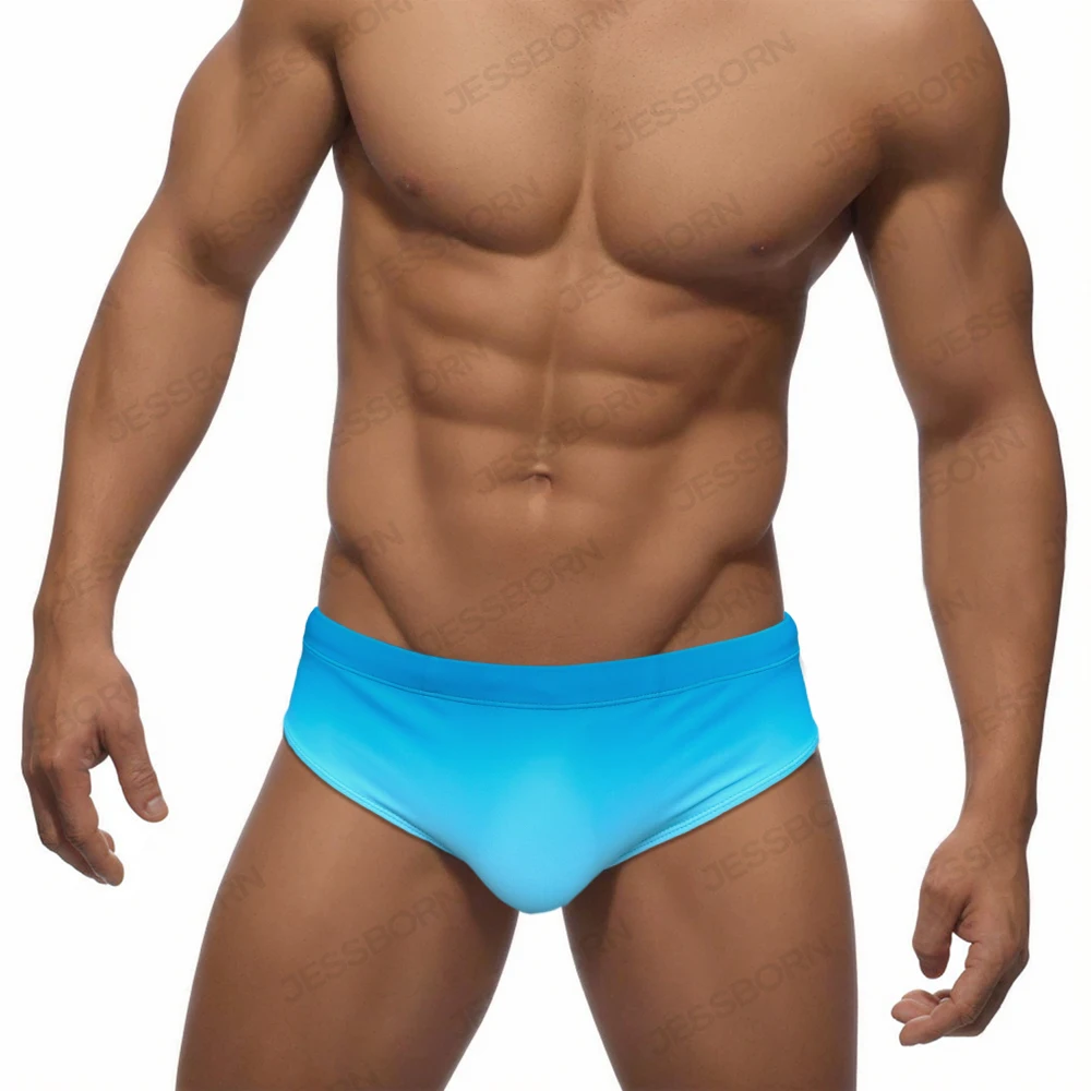 Gradient Color Mens Swim Briefs Sexy Low Waist Swimwear Pad Pouch Beach Surfing Trunks European American Popular Bathing Suit