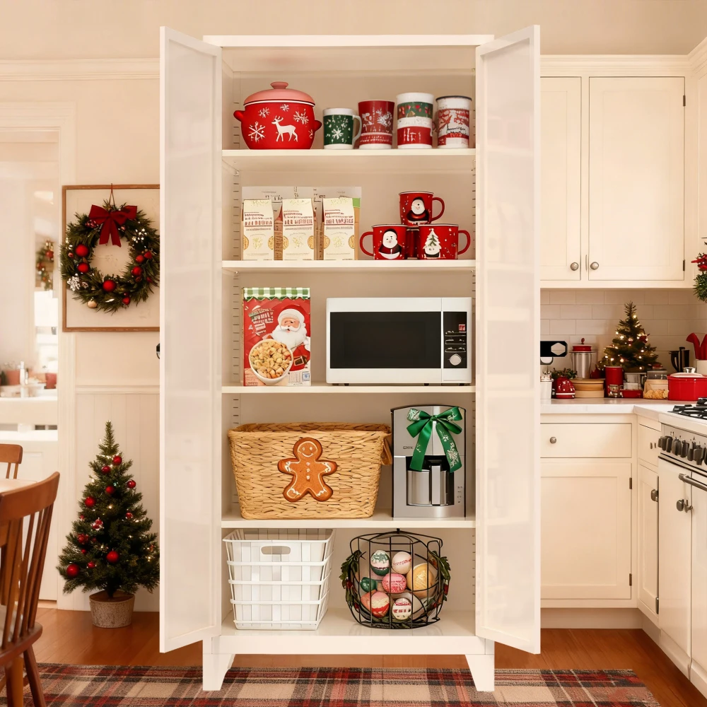 

71'' 2-Door Lockable Metal Storage Cabinet with Adjustable Shelves for Home Areas (Beige)