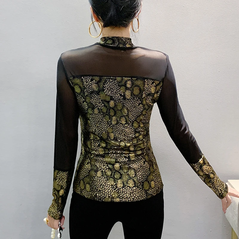 2024,New,European,Clothes,Fall,Winter,T-shirt,Chic,Sexy,Mock Neck,Patchwork,Mesh,Gold blocking,Women,Tops,Long Sleeve,Tees,41079