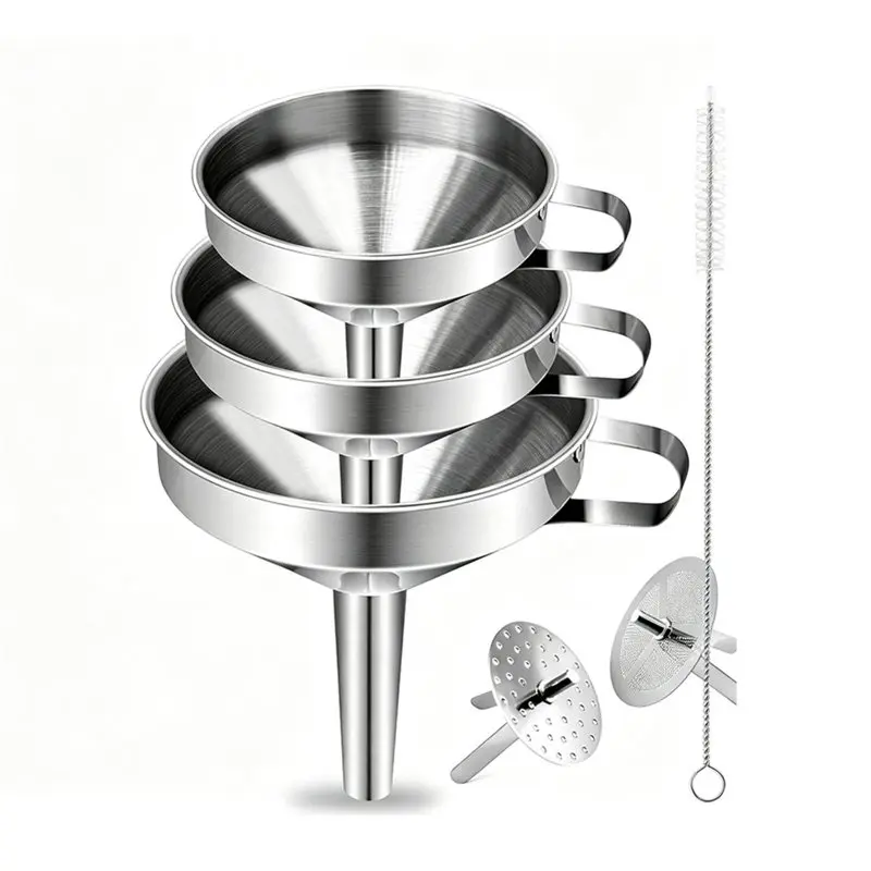 ALIM-Kitchen Funnel Set 3-Pack Stainless Steel Includes 2 Removable Strainers For Liquid& Dry Food, Cleaning Brush