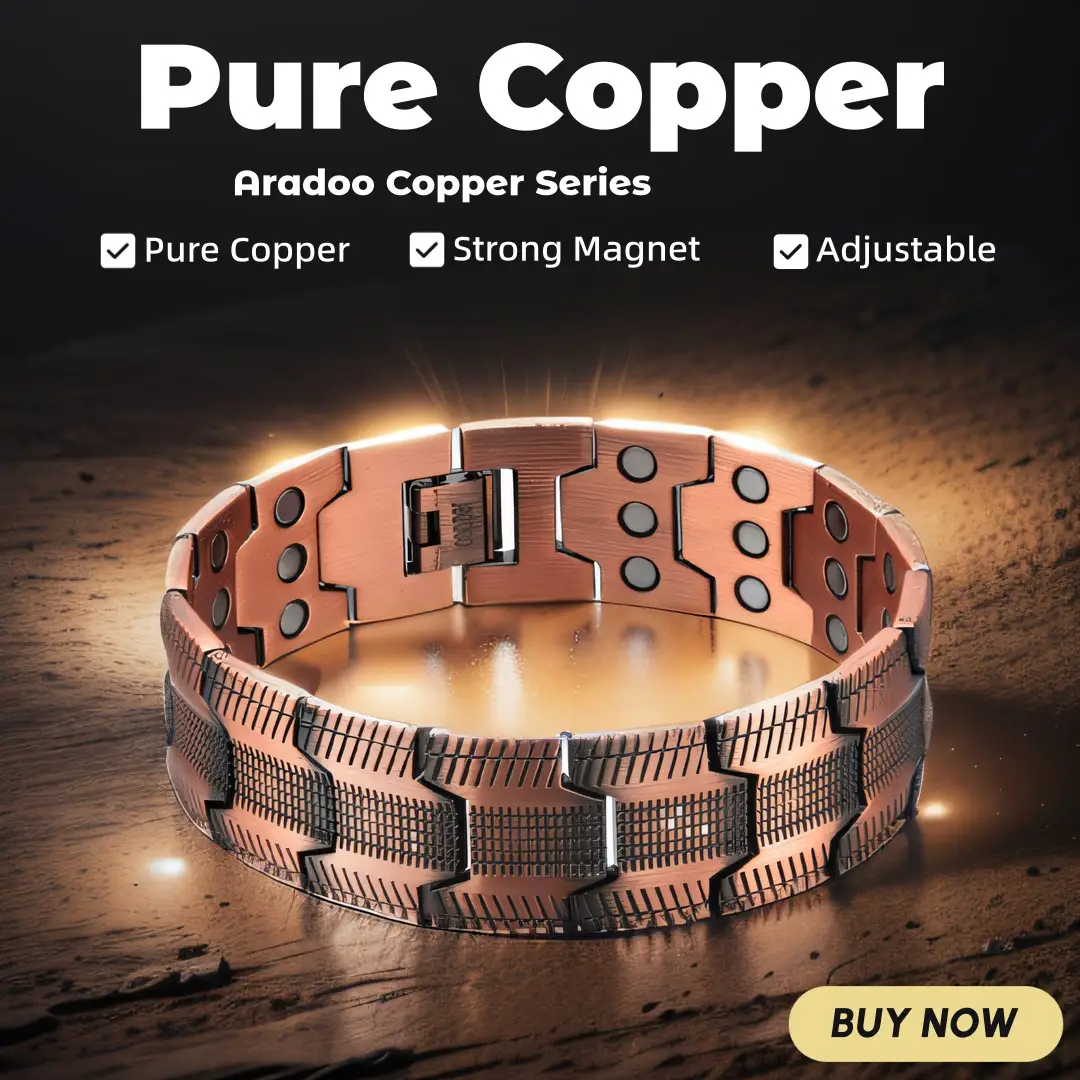 Pulseira masculina ARADOO de cobre puro 3500 Gauss 3X pulseiras de ligação de terapia magnética de força