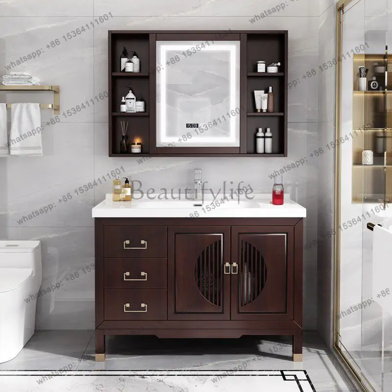 LX new Chinese solid wood bathroom cabinet combination intelligent integrated washbasin bathroom cabinet