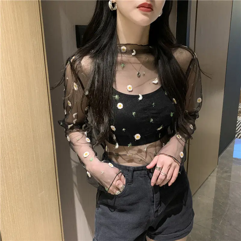 Korean Style MeshT shirt Daisy Under Shirt Sexy New Harajuku Aesthetic Cute Lace Flower T shirt Long Sleeve Mesh Top Transparent