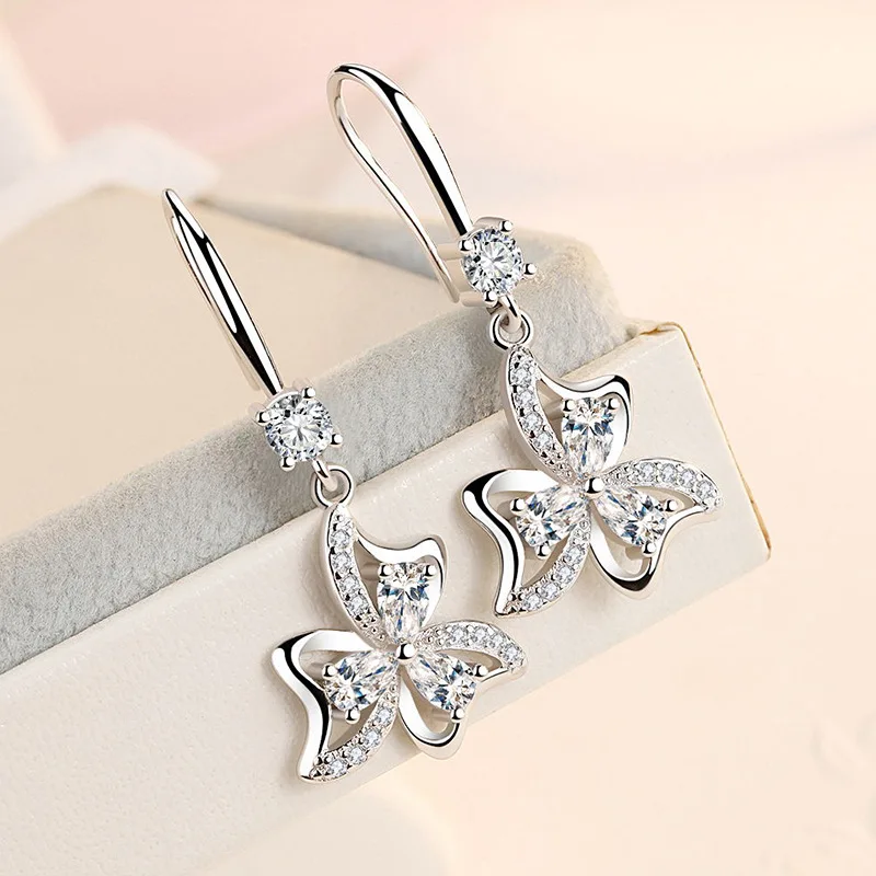 925 Sterling Silver Female Wedding Jewelry Luxury Crystal Flower Drop Earrings For Women