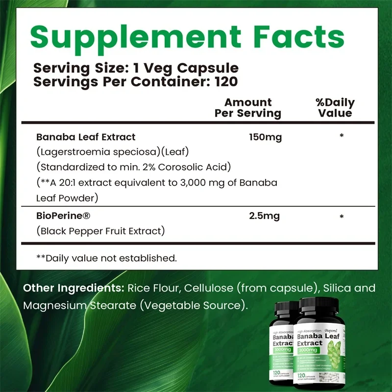 Banaba Leaf Extract 3000mg - Promotes Nutrient Absorption, Control Blood Sugar Levels, Metabolism, Supports Overall Health