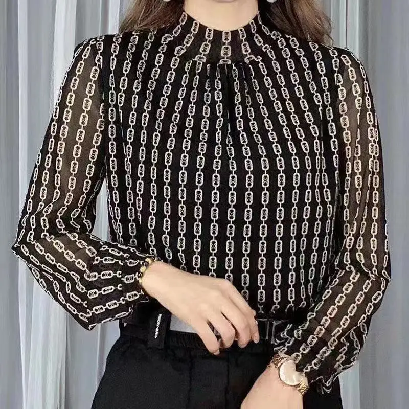 2024 Spring Autumn Commute Half High Collar Plaid Fashion Printed T-shirt Patchwork Female Clothing Long Sleeve Gauze Pullovers