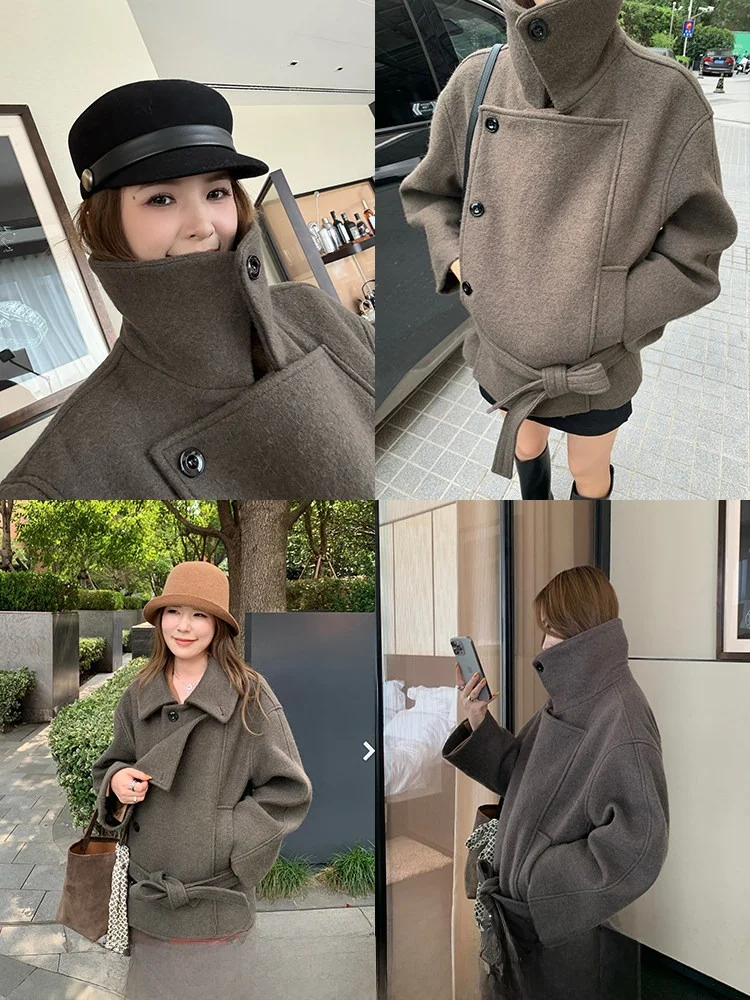 

Xzichic Classic Wool Alpaca Coat Women's Tweed Outerwear Korean Sle Loose Fit Long Sve Single Button Pure Color