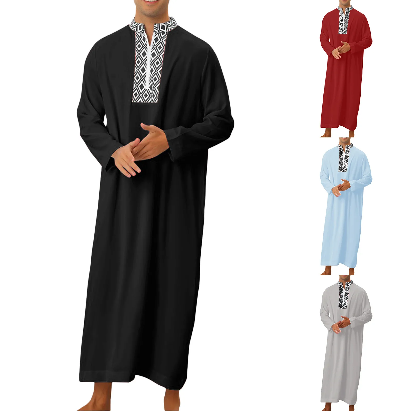 Muslim Fashion Men Jubba Thobe Long Sleeve Solid Color V Neck Printed Stand Collar Robes Islamic Arabic Kaftan Men Abaya