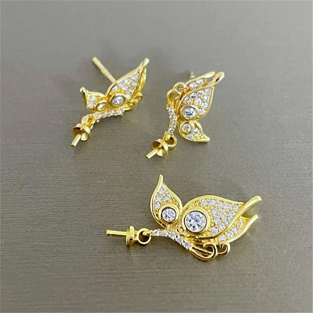 DIY Pearl Accessories 18K Bag Gold Copper Thick Gold Butterfly Pendant Silver Needle Stud Earrings Set Empty Tray Women