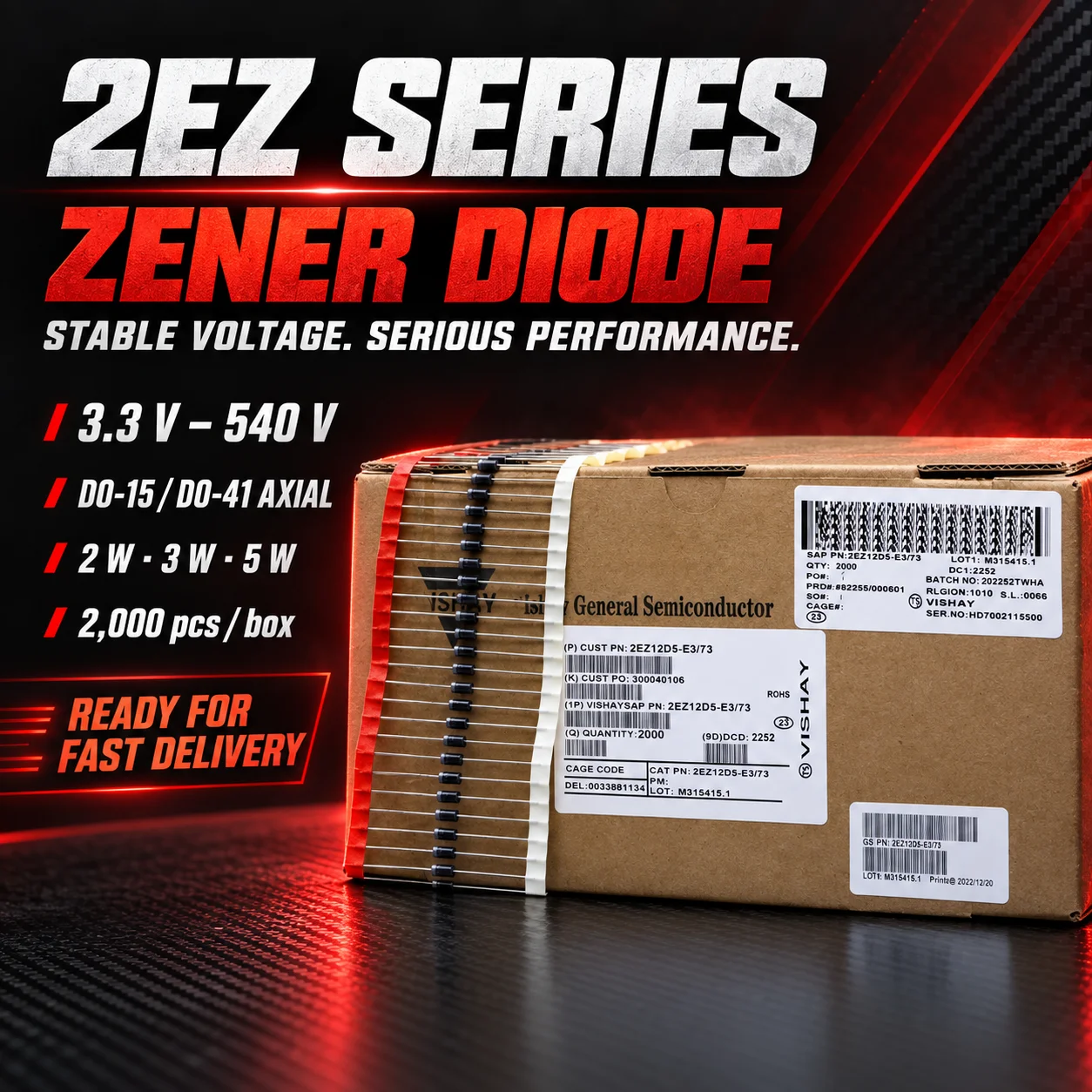 New 2EZ5.1D5 2EZ6.8D5 2EZ9.1D5 2EZ10D5 2EZ12D5 2EZ13D5 2EZ15D5 2EZ16D5 2EZ18D5 2EZ20D5 2EZ22D5 2W 5% Zener Diode DO-15