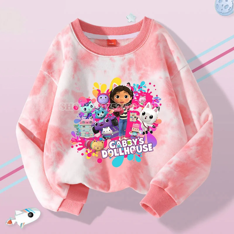 Gabby Dollhouse-Sudadera de dibujos animados para niños, ropa Tie-dye bonita, Tops de cuello redondo de moda para niño y niña, primavera y otoño, nueva ropa