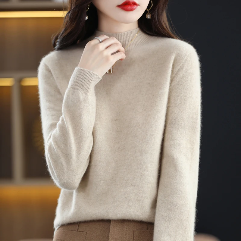 Spliced First-Line Ready-To-Wear ขนสัตว์ 100% ถัก Bottoming เสื้อผู้หญิงครึ่งคอเต่าเสื้อกันหนาว