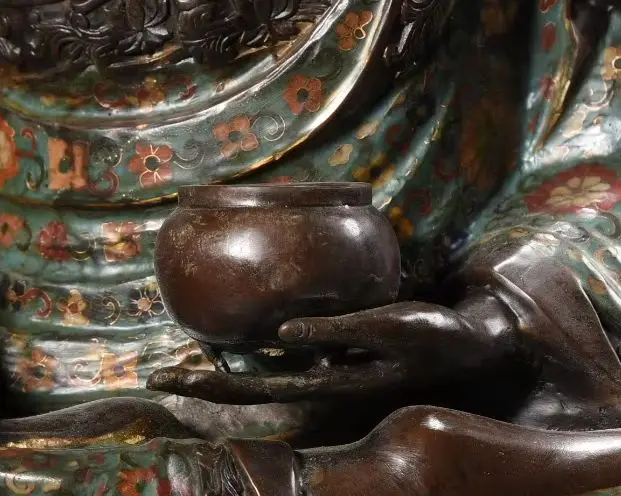 

22-дюймовая непальская старинная бронзовая статуя Будды Шакьямуни Амитабхи в позе сидячего Будды с эмалью в технике клуазоне, для храмов и молитвенных залов