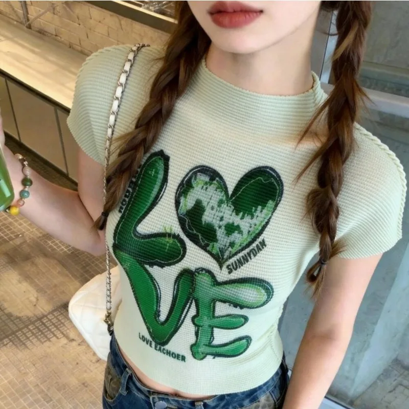 Miyake Pleated Original New 2026 Elegant Half-High Collar Printed Casual T-Shirt Pleated Summer Thin Corn Grain Small Shirt