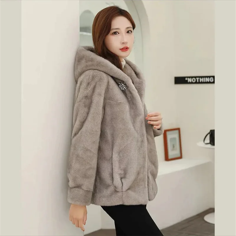 High-Quality Gold Mink Fur Coat Female 2024Autumn Winter New Hooded Short Outwear Thicke Fur One Jacket Fashion Overcoat Women\'s