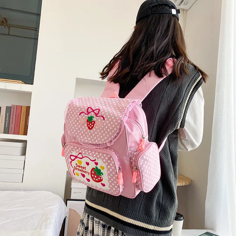 Kawaii Kids School Bag Cute Strawberry Embroidery Dots Student Mochila Multi-Pocket Nylon Fashion Backpack for Teenager Girl