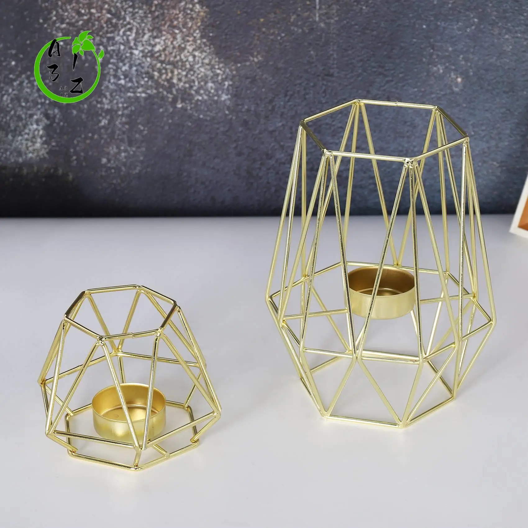 

A31Z-Set Of 2 Gold Geometric Metal Tealight Candle Holders For Living Room & Bathroom Decorations - Centerpieces For Wedding & D