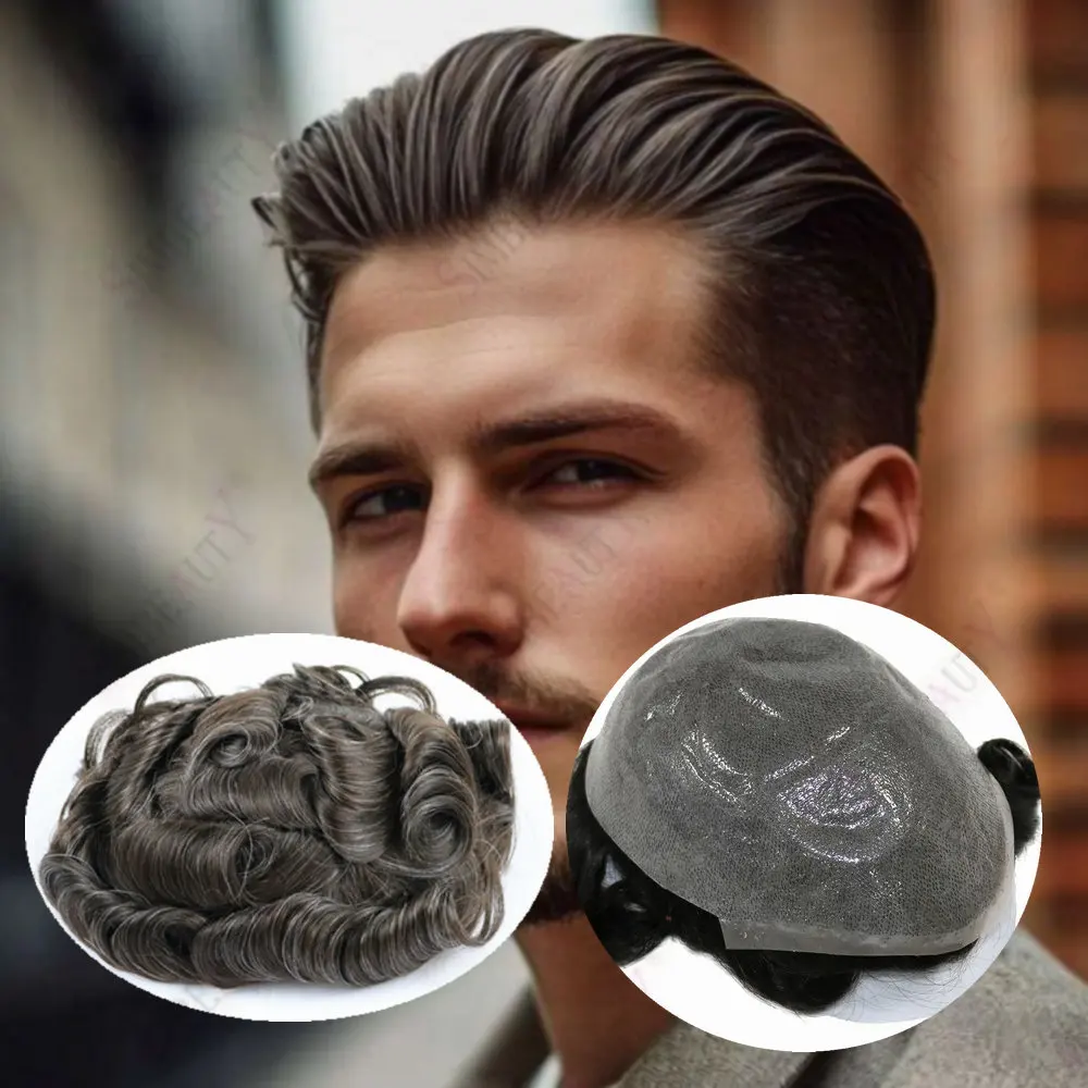 Peluquín invisible para hombres, 0,04-0,05mm, piel, cabello humano Natural, sistema de reemplazo de cabello para hombres, prótesis marrón, gris y negro 310