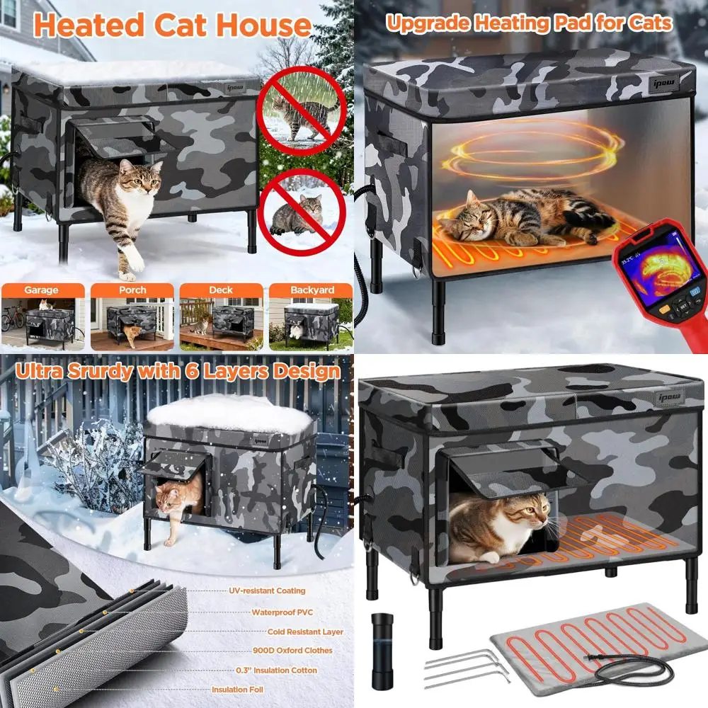 

Прочный 6-слойный уличный кошачий домик, водонепроницаемый и изолированный с плюшевой подушечкой с подогревом для бродячих кошек