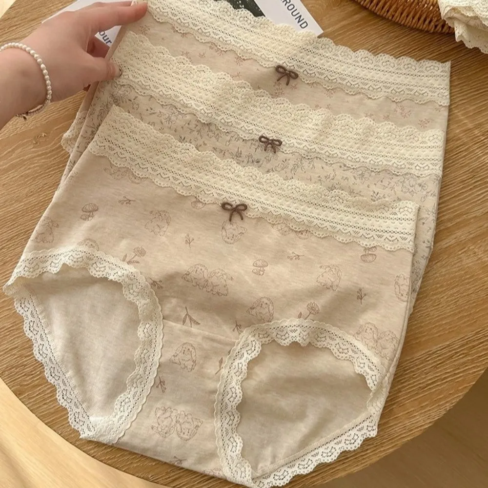 

Breathable Mid Waist Lace Cotton Panties Flower Bear Bunny Underwear for Women Sweet Floral Lace Briefs Girl