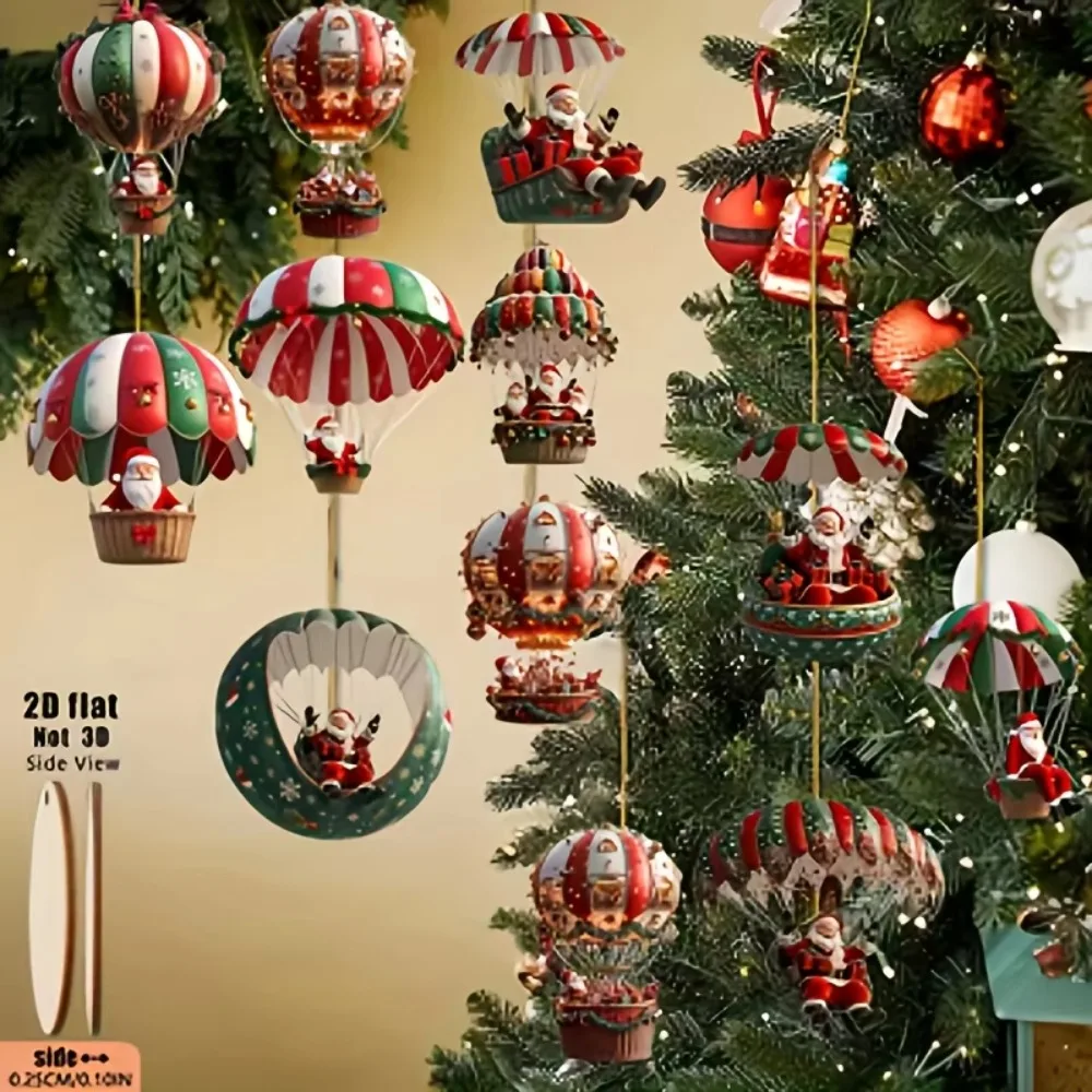 10/20/30pcs Christmas Tree 2D Hanging Decoration Set with Mobile Santa Claus and Hot Air Balloon-Xmas Perfect Holiday Gift Deco