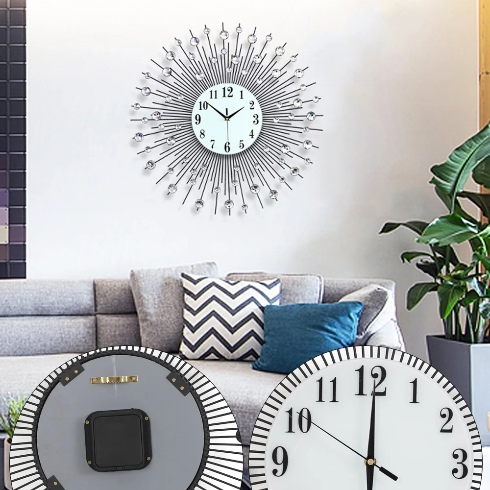 Wall Clock Modern Crystal Diamond Wall Clock 3D Luxury Flower Wall Clock Non Ticking Silent Metal Clock Home Wall Art Decoration