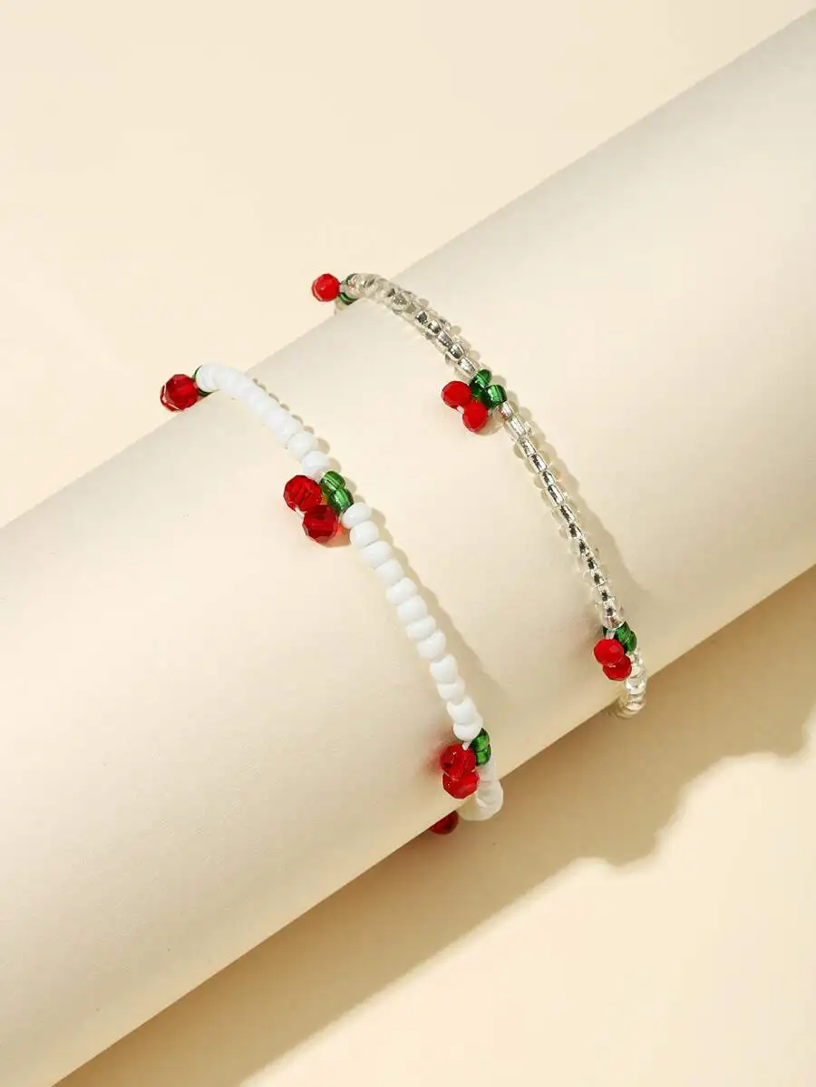 

2pcs Cherry Beaded Bracelet For Women Fashion Accessory