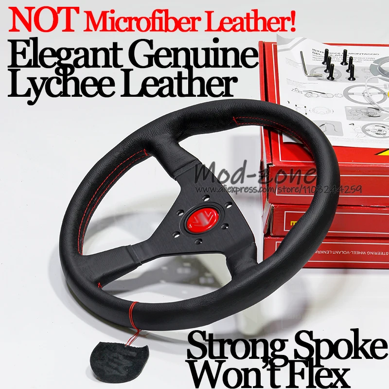 14 Inch 350MM MONTECARLO Strong Spoke Genuine Lychee Leather Red Stitch Car Tuning Racing Sport Volante Steering Wheel